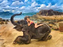 Портрет девушки верхом на слоне на фоне моря с прорисовкой Под масло, художник Анна