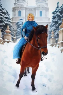 Портрет женщины блондинки в синей мантии верхом на коне на фоне зимнего леса, стиль Под масло, художник Павел 
