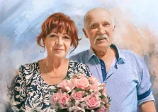 Портрет пожилой пары Под масло, русоволосая женщина в тёмном платье с белыми узорами и с букетом роз в руках и лысый мужчина с седыми усами и в голубой рубашке, художник Лариса