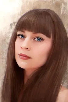Портрет русоволосой девушки с яркими голубыми глазами с прорисовкой Под масло на абстрактном бежевом фоне, художник Виктория 