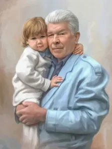 Светлая картина нарисованная в стиле под масло, дедушка держит внучку на руках, художник Анастасия К