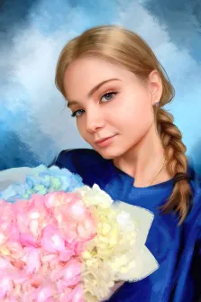Портрет красивой девушки с букетом цветов на абстрактном голубом фоне, отрисованный в стиле Под масло, художник Лариса