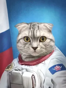 Портрет вислоухой кошки В образе российского космонавта на синем фоне, художник Антонина