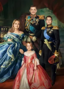 Семейный портрет В образе королевской семьи из четырёх человек, девочка в красном платье, мама в синем платье и отец с сыном в мундирах, художник Анастасия 
