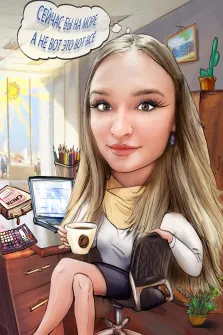 Портрет кареглазой девушки со светлыми волосами в стиле Шарж в офисе, художник Алексей 