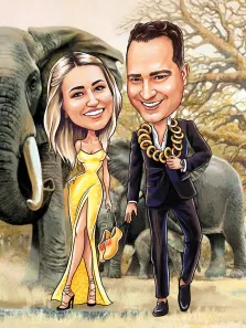 Парный Шарж портрет, девушка в платье золотого оттенка и мужчина в классическом костюме, на заднем фоне слоны и африканская природа, художник Олеся 