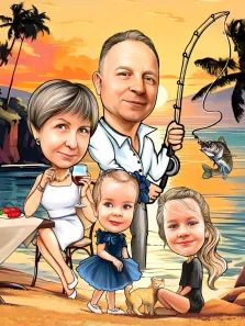 Семейный портрет нарисованный на фоне заката и реки в стиле Шарж, отец на рыбалки, дети с кошкой, мама с бокалом вина  художник Александра Р