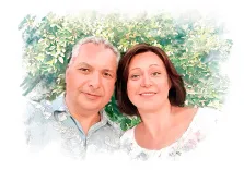 Парный портрет акварелью - мужчина и женщина средних лет на фоне из зеленых листьев, мужчина седой с карими глазами, женщина с серыми глазами, автор Евгения