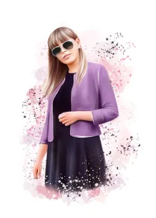 Портрет девушки в солнцезащитных очках, тёмном платье и фиолетовом пиджаке в стиле бьюти-арт, художник Мария 