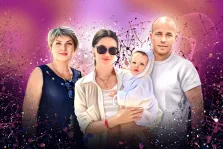 Семейный портрет в стиле Дрим арт на ярком фиолетовом фоне, художник Артём