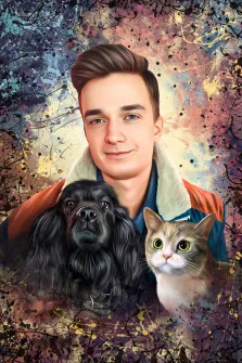 Портрет парня с его питомцами. Парень держит на руках свою собаку и кота, абстрактный яркий фон, стиль - Дрим арт, художник Артём, спаниель 