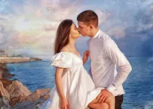 Парный портрет нарисованный в стиле под масло, парень и девушка в момент поцелую на берегу моря, подарок второй половинке, художник Анна