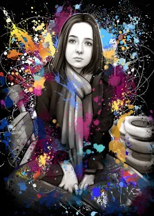 Портрет девушки в стиле граффити на абстрактном фоне, девушка изображена в монохромных тонах, а брызги цветные на черном фоне, у девушки надет шарф и волосы по плечи, художник Александра 