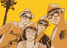 Семейный портрет нарисованный в цифровом виде в стиле Поп-арт на оранжевом фоне и на фоне пальмы, и у всех одинаковые пляжные шляпы , художник Олеся М