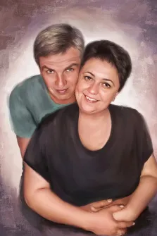 Портрет в стиле маслом на абстрактном фоне. На портрете изображена пара средних лет: мужчина с серыми глазами обнимает женщину с карими глазами в коричневой футболке, художник Анна