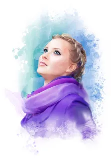 Портрет девушки нарисованный в стиле Акварель, девушка в фиолетовой кофте на абстрактном голубом фоне, акварельные разводы  художник Евгения А