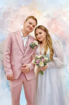 Парный портрет в стиле Акварель, Свадебный портрет. Мужчина в розовом костюме и женщина в белом платье, у девушки в руках свадебный букет. Свадебный подарок молодым, художник Анна