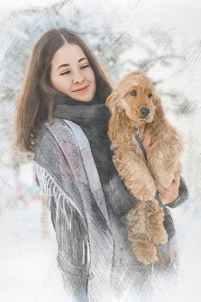 Портрет девушки нарисованный в стиле Карандаш, девушка держит собаку на руках, спаниель, художник Татьяна Н