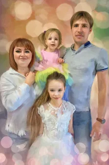 Семейный портрет Под масло: мама, папа и две дочки на ярком разноцветном фоне, художник Юлия 