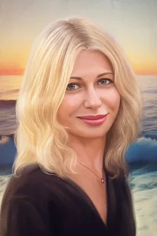 Портрет девушки блондинки с зелёными глазами на фоне моря написан в стиле Под масло, художник Павел 