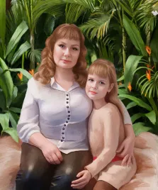 Портрет мамы с дочкой на фоне природы в стиле Под масло, художник Софья 