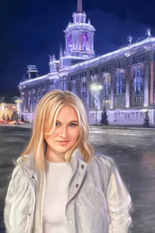 Портрет девушки блондинки со светло-голубыми глазами в белой зимней куртке в стиле Под масло на фоне архитектурного сооружения, художник Александра 