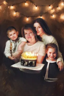 Семейный портрет Под масло: мама, сын и две дочки на коричневом фоне рядом с коричневым тортом, художник Александра 
