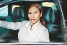 Портрет девушки в белой рубашке за рулём автомобиля в стиле Под масло, художник Мария 