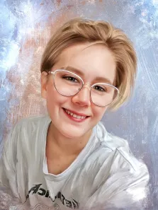 Портрет девушки в очках и со светлыми волосами в стиле Под масло на абстрактном фоне, художник Анна