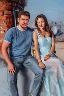 Парный портрет Под масло: голубоглазый мужчина в синей футболке и девушка в платье небесно-голубого цвета сидят на крыше, художник Александра 