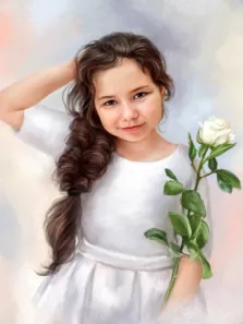 Портрет кареглазой девочки с каштановыми волосами в стиле Под масло, девочка одета в белое платье и держит в руке белую розу, художник Анастасия 