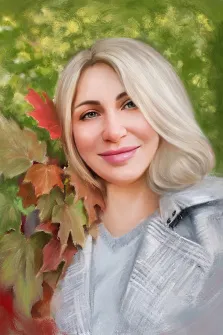 Портрет красивой девушки на фоне зелени и осенних листьев нарисованный в стиле Под масло, художник Софья У