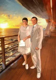 На картине изображены муж и жена стоящие на палубе лодки, на фоне закатного неба Под масло, художник Виктория Б