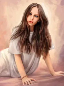 Портрет девушки облокотившейся на руки, нарисованный в стиле  Под масло, у девушки длинный красивые волосы и белая футболка, художник Анастасия К