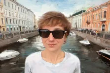 Портрет женщины по фото, на фоне Питерского канала, картина нарисована в стиле Под масло в цифровом виде, художник Виктория Б