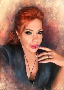 Портрет статной женщины на абстрактом красном фоне, картина нарисована в стиле  Под масло, художник Анастасия К