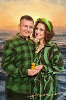 Парный портрет в стиле Под масло, мужчина и женщина в зеленой одежде , год дракона, на фоне закатного неба,  художник Анна