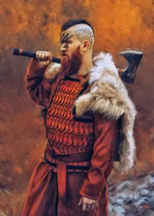 Мужской портрет нарисованный в стиле Под масло, викинг с секирой, мех на плечах викинга,  художник Александра И