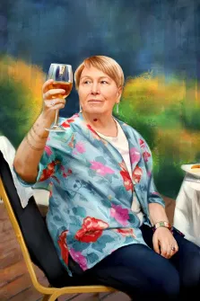 Портрет женщины на фоне зелено-синей стены. Женщина подняла бокал на праздновании, женщина в рубашке в красный цветочек  Под масло, художник Артём