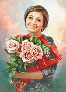 Портрет женщины нарисованный в стиле Под масло, Женщина с цветами, подарок для жены, портрет на холсте, художник Анастасия К