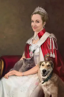 Портрет светловолосой женщины В образе королевы, на руках у женщины кошка, рядом сидит собака, художник Антонина