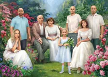 Семейный портрет отрисованный в стиле под масло, на фоне кустов и цветов , художник Анастасия К