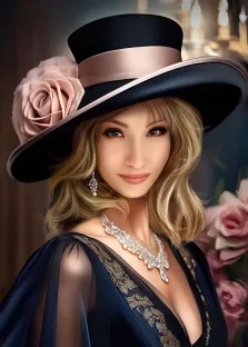 Молодая красивая девушка нарисованная В образе, в шляпке и черном красивом платье, художник Лариса