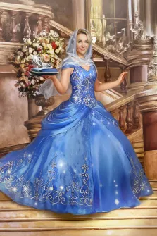 Порте девушки В образе Золушки, девушка в голубом платье на фоне лестницы и на подушечке держит в руках хрустальную туфельку, художник Антонина