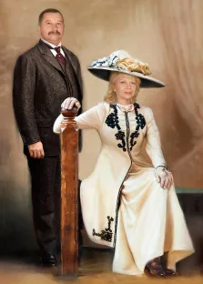 Парный портрет мужчины и женщины В образе, мужчина в сером костюме ,  женщина в белом платье и со шляпкой на голове, художник Антонина
