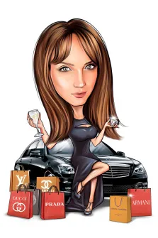 Портрет кареглазой девушки в стиле Шарж: девушка сидит на капоте автомобиля марки "Мерседес", рядом с автомобилем стоят пакеты с логотипами дорогих брендов одежды, художник Александра 