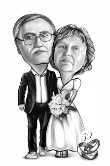 Парный свадебный портрет пожилой пары в стиле Шарж в чёрно-белых тонах, художник Александра 