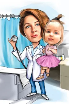 Шарж врача в больнице, женщина держит на руках девочку , художник Александра Р