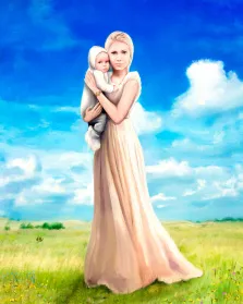 Семейный портрет Под масло: светловолосая девушка в длинном светлом платье держит на руках ребёнка на фоне поля, художник Артём