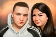 Парный портрет маслом - голубоглазый молодой человек в кофте с капюшоном и голубоглазая русоволосая девушка